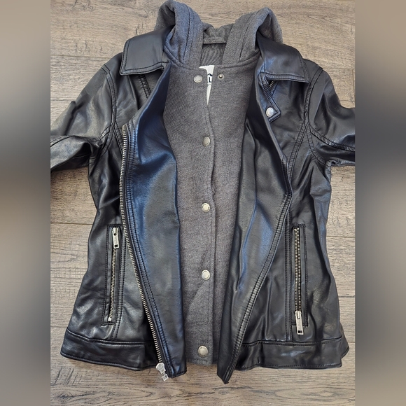 Y2K Hollister Size Small Faux Leather Sweater Lined Hooded Biker Moto Jacket - Picture 9 of 16